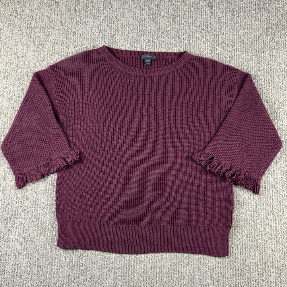 J Crew Womens M Knit Pullover Sweater 3/4 Sleeve Fringe Boho Hippie Burgundy
